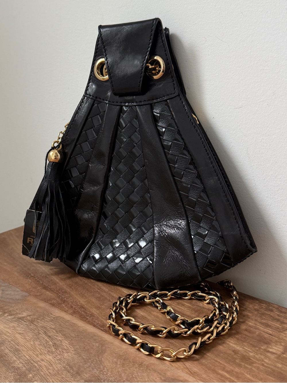 Vintage Hilda De La Riva Black Woven Leather Pyramid Evening Bag Tassel NWT
